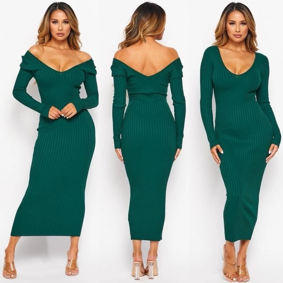 💚 LAST ONE 💚 Sexy Elegant Ribbed Knit Long Sleeve Bodycon Midi Dress - Picture 1 of 7